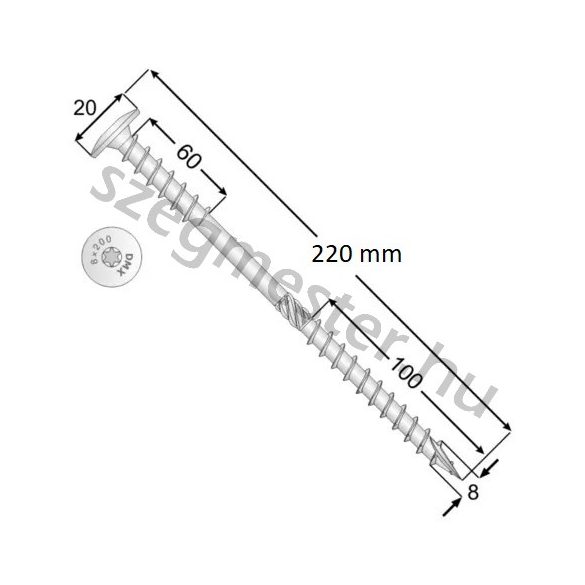 Duplamenetes szigetelés rögzítő csavar 8x220mm Laposfejű