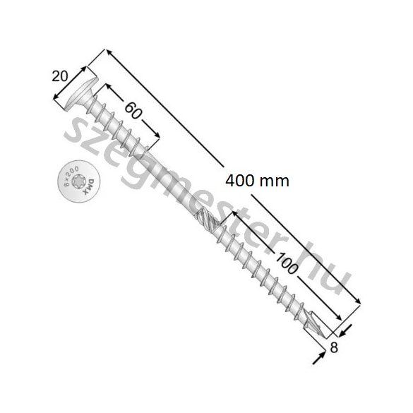 Duplamenetes szigetelés rögzítő csavar 8x400mm Laposfejű