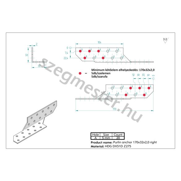 Szelemen-Szarufa Összekötő vasalat 170×32×2,0 BALOS